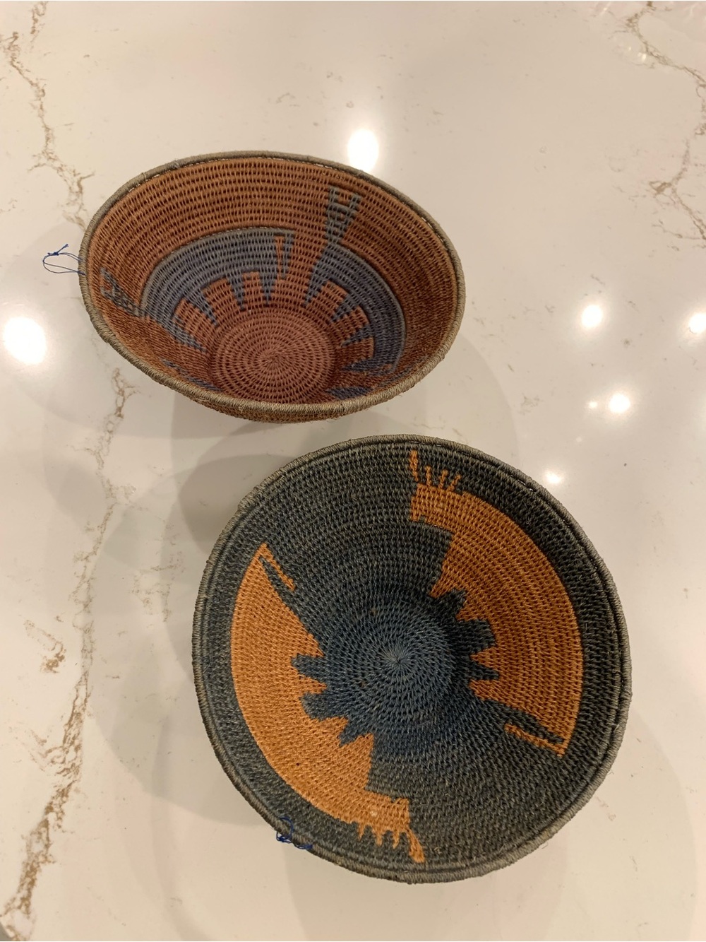 Vintage Woven Basket Bowls Stylized Animal Motif In Rust & Blue 7.5" Set Of Two.